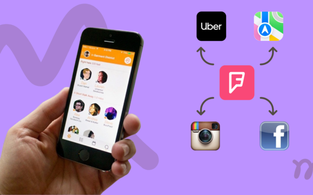 an image with a hand holding a mobile phone with foursquare app on it.
