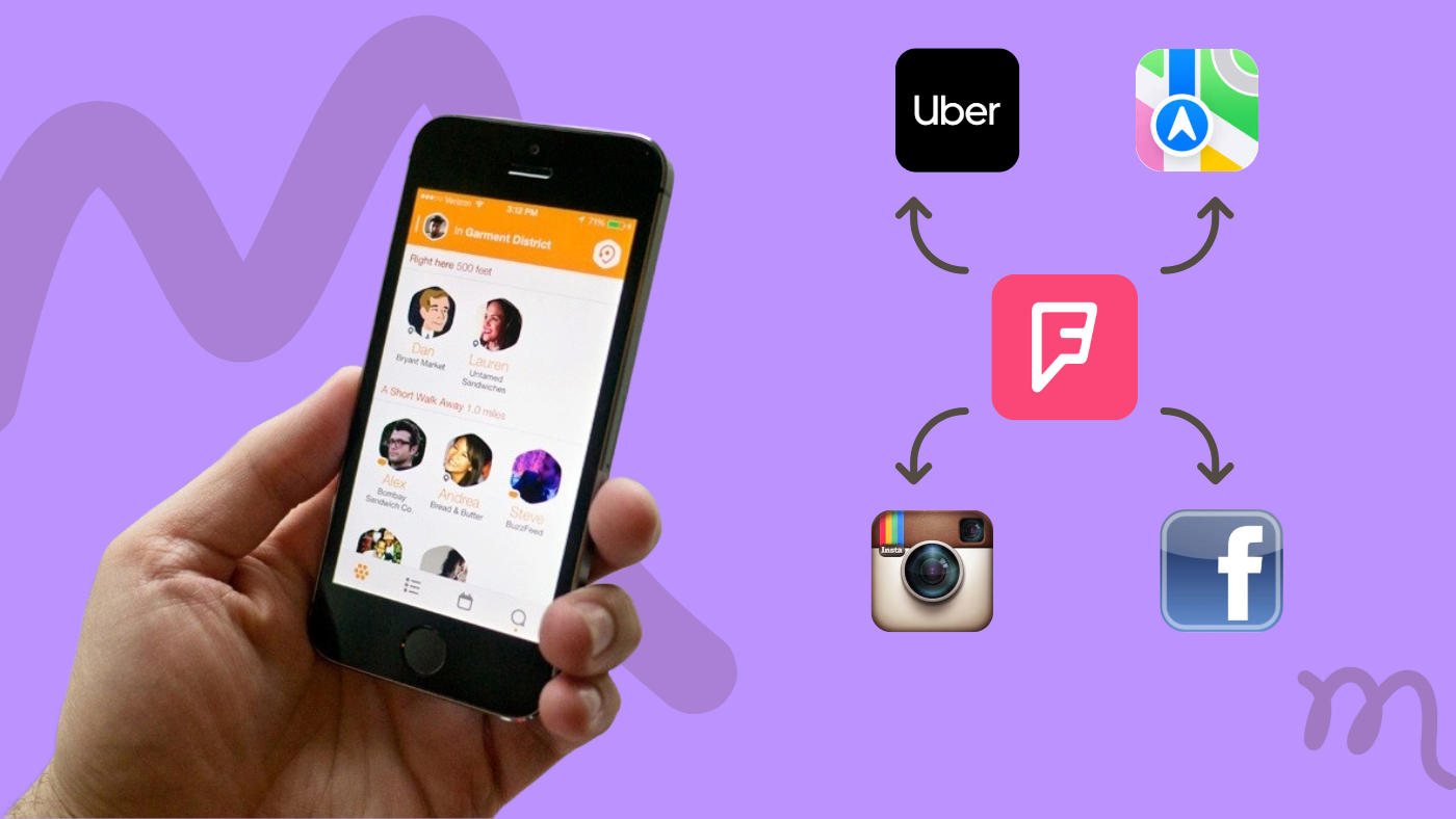 an image with a hand holding a mobile phone with foursquare app on it.